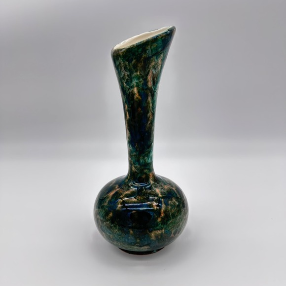 Blue Mountain Pottery Other - Blue Mountain Pottery Bud Vase 383 8.5" Teal Green Drip Glaze Slant Rim Vintage